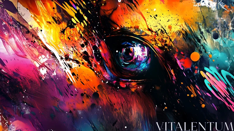 Vivid animal eye emerges in explosive abstract colors.