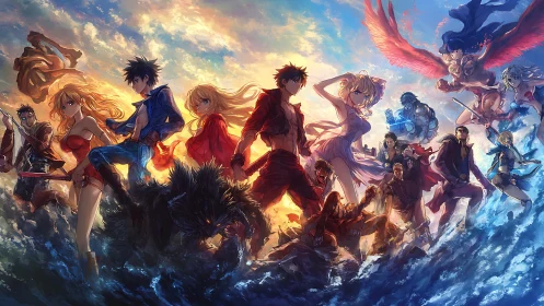 Heroic anime team gathers in a glowing sky battle scene.