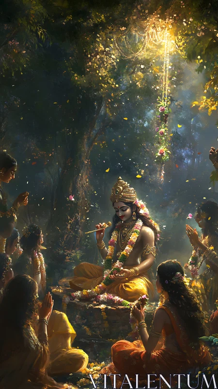 Divine flute player encircled by devotees in luminous forest.