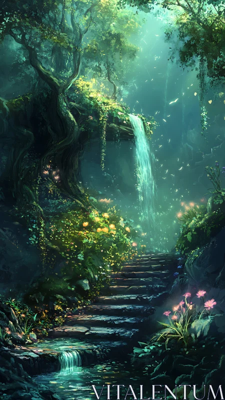 Secret forest waterfall path glows with soft enchanted light