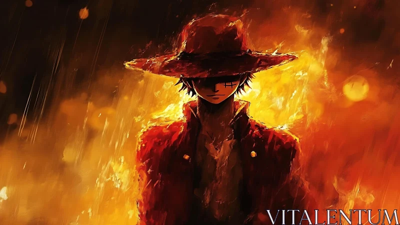 Digital painting of lone figure in fiery chiaroscuro field.