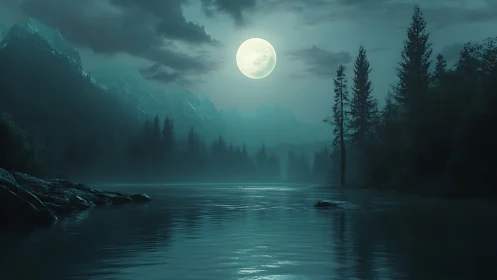 Moonlit river hush beneath mist-veiled mountain sentinels.