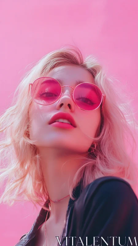 Blonde model in pink sunglasses against vivid pastel backdrop.