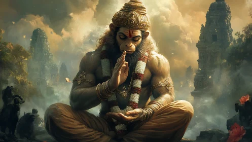 Temple mists cradle a meditating monkey god in golden calm