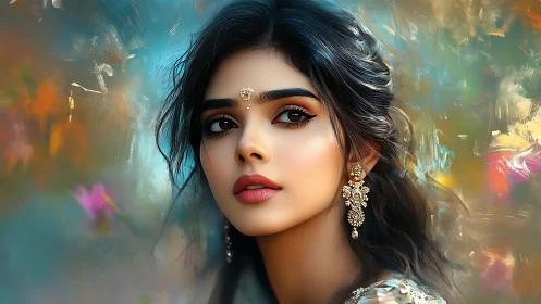 Digital portrait of woman with jeweled bindi and earrings.
