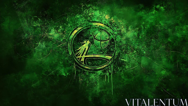 Green abstract emblem with circular symbol and texture backdrop.