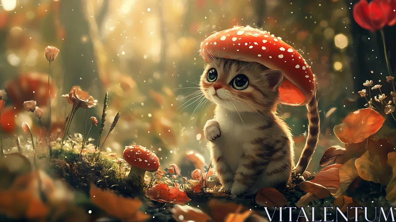 Whimsical kitten under toadstool in glowing forest scene.