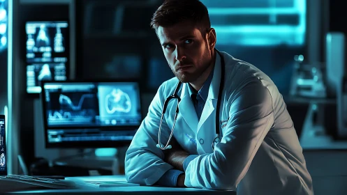 Brooding night-shift doctor in neon-blue data glow.