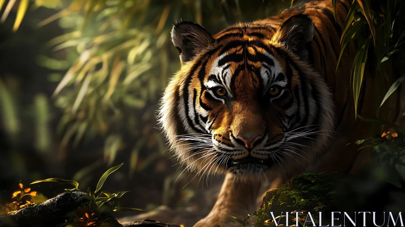 Low-light jungle tiger rendered with high-contrast rim lighting