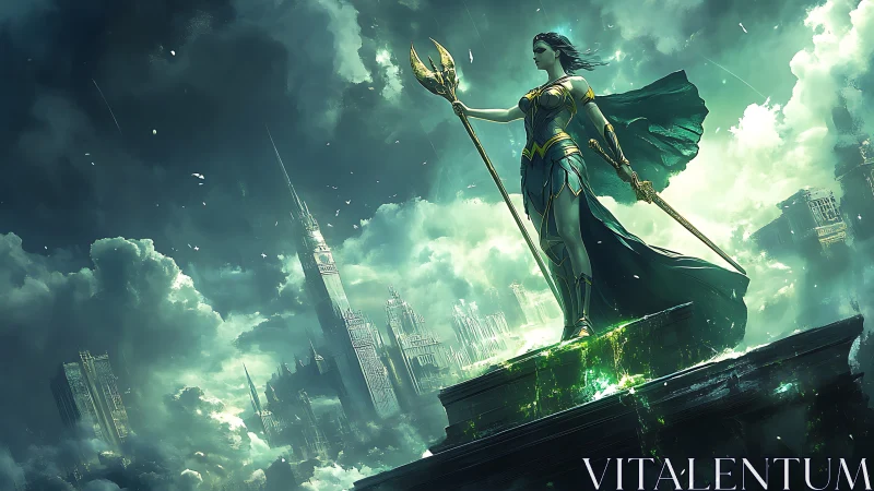 Storm goddess stands over neon city in emerald thunderstorm