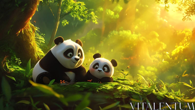 Sunlit forest cradles two curious pandas in mossy calm