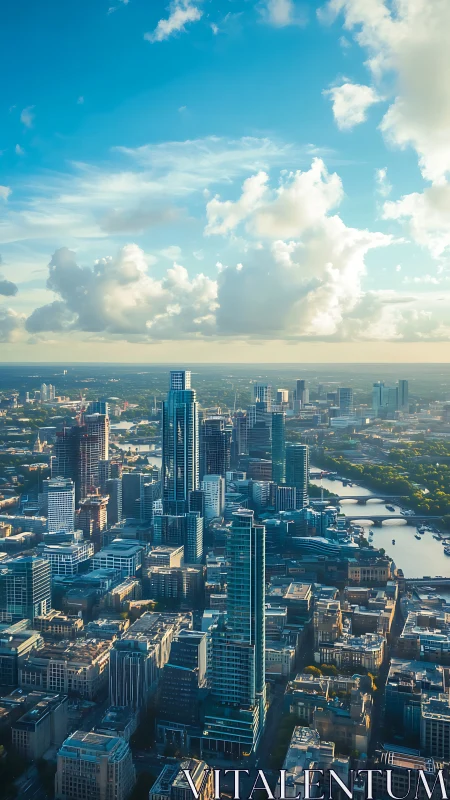 Skyscrapers stretch skyward while evening light paints the river