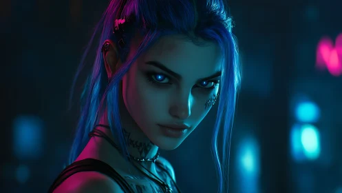 Cybernetic woman in neon rim lighting with intense blue gaze
