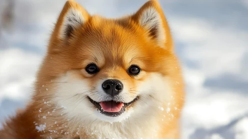 Fluffy Pomeranian smiles brightly against soft winter snow.
