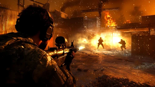 Soldier aims through firelit chaos in explosive combat zone.