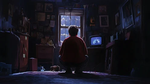 Boy in dim bedroom watches glowing CRT screen in silence