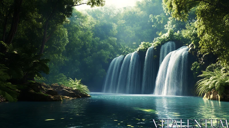 Multi-tier waterfall pours into clear jungle pool at midday