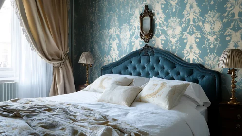Elegant blue upholstered bed in classic vintage bedroom.