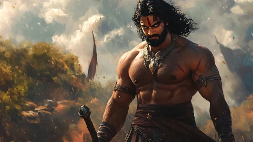 Storm-lit warrior strides forward with fierce, steady resolve