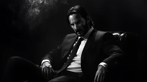 Moody man in suit reclines in dramatic noir lighting.