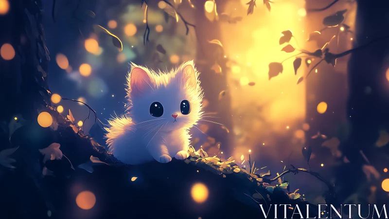 Luminous white kitten perched on forest branch amid golden bokeh