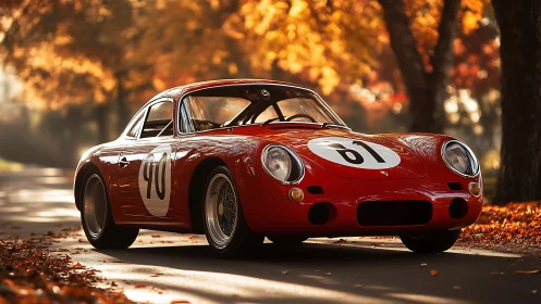 Red classic race car parked on leaf covered autumn road.