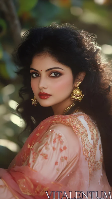 Portrait of woman in embroidered saree with gold jewelry.