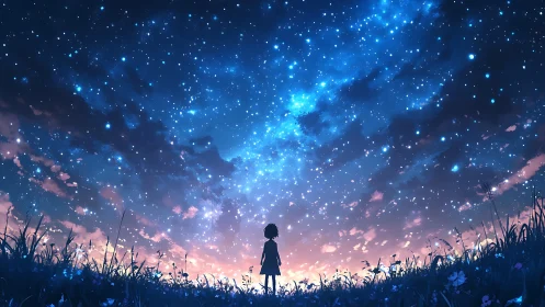 Silhouette child under radiant starfield at dusk horizon