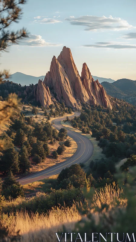Curving mountain road below sharp red rock spires at sunset.