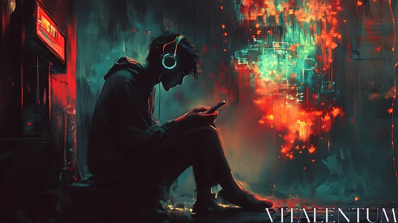 Neon city dreamer sits absorbed in music and glowing data