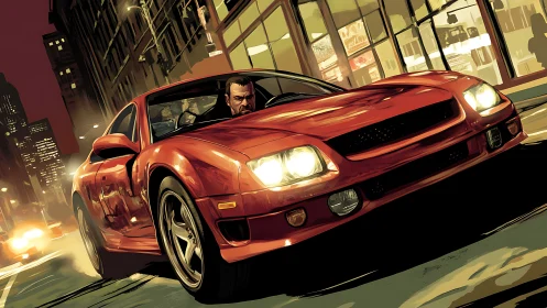 Red muscle car powers through neon city street night traffic