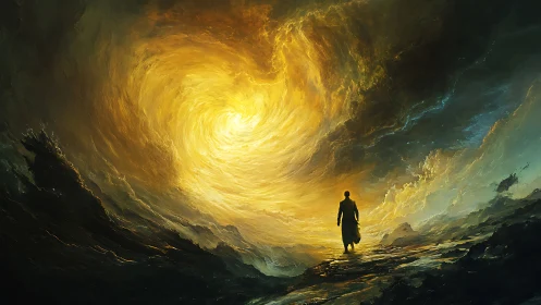 Lone wanderer walking toward a swirling golden sky portal.