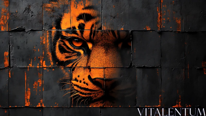 Tiger face mural in orange on dark weathered tiles.