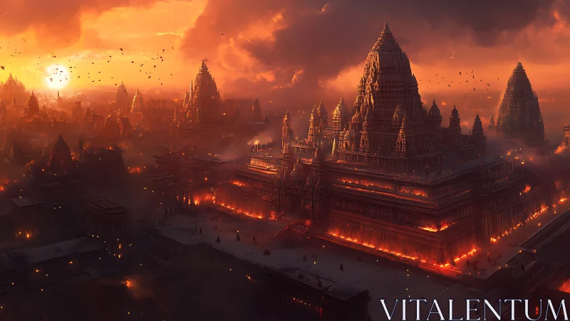 Sunset-ignited temple megastructure with volcanic atmospheric lighting