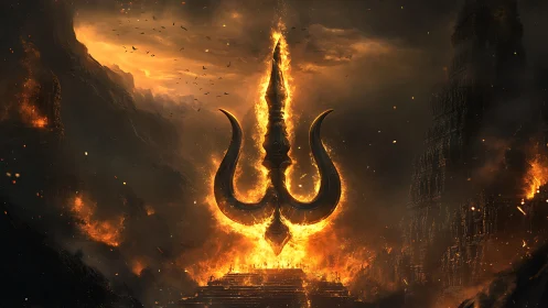 Flaming trident symbol hovering above burning stone temple