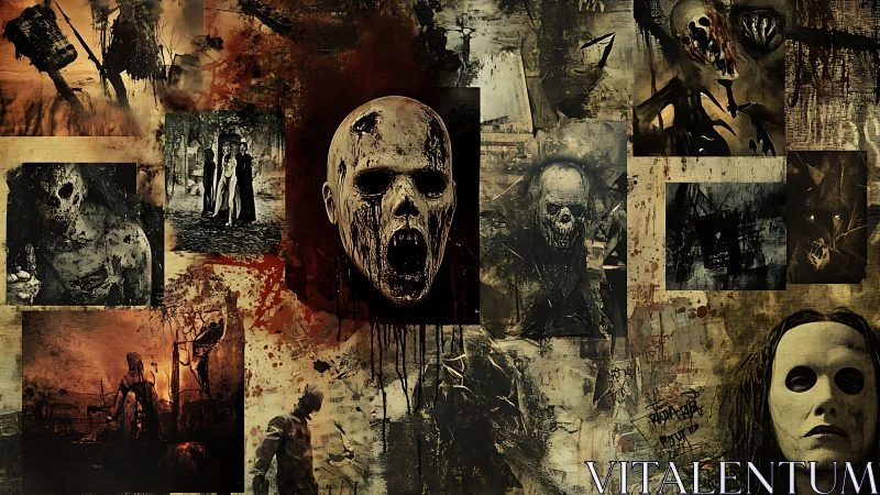 Composite panel of distorted faces and dark figurative scenes.