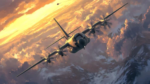 Storm-brushed gunship carves firelit paths through dusk clouds.