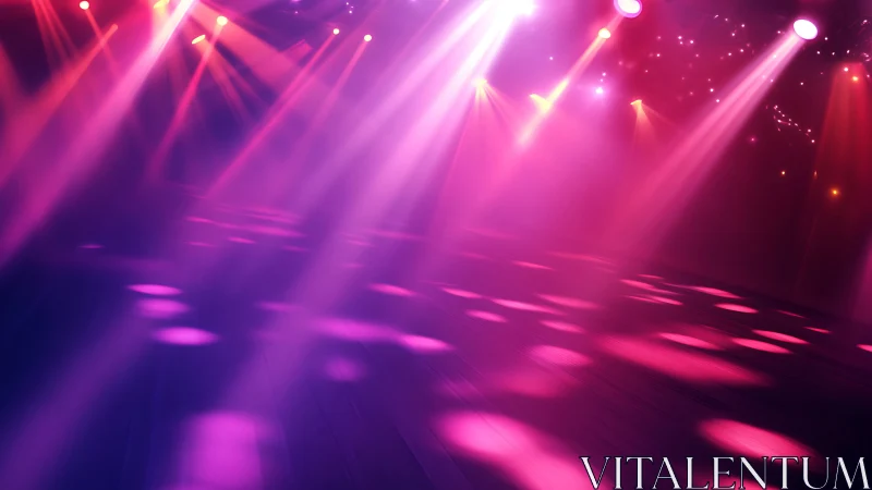Empty dance floor with colorful pink and purple stage lights.