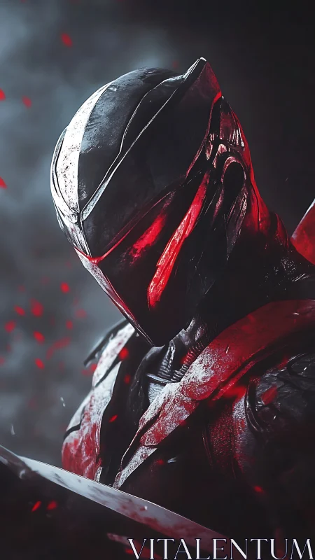 Armored futuristic warrior in red and black lighting scene.