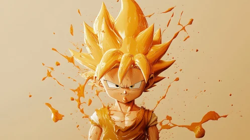Golden anime warrior emerges in explosive paint splash energy