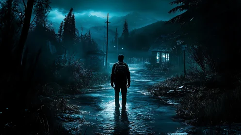 Lone traveler wandering a moonlit mountain village road.