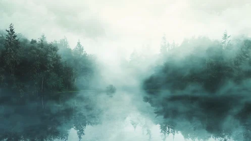 Dense forest shoreline is reflected in still fog-covered water