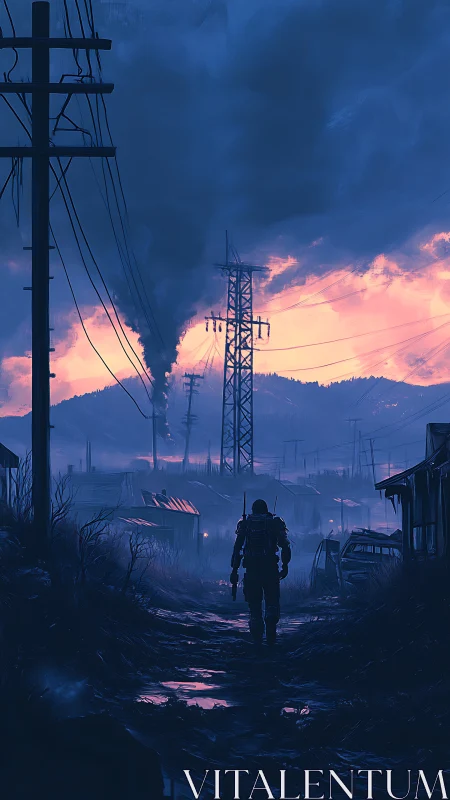 Lone soldier walking through ruined industrial village.