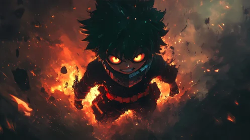 Intense anime hero surrounded by erupting fiery energy.