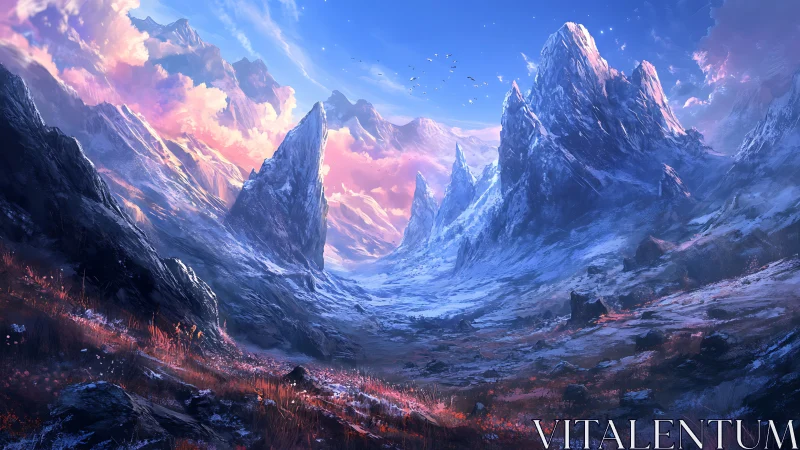 Sunlit frozen valley opens between towering pastel peaks