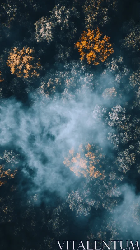 Golden treetops glow gently through drifting morning mist