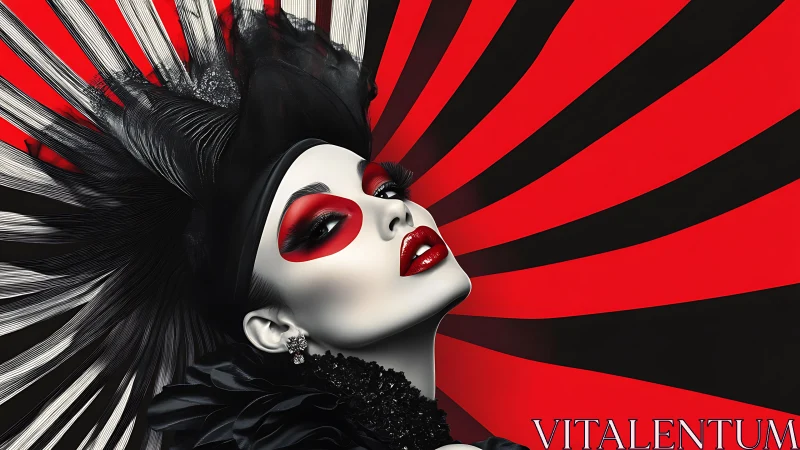 Monochrome female portrait with graphic red and black rays.