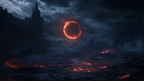 Infernal eclipse over obsidian wasteland with molten fissures.