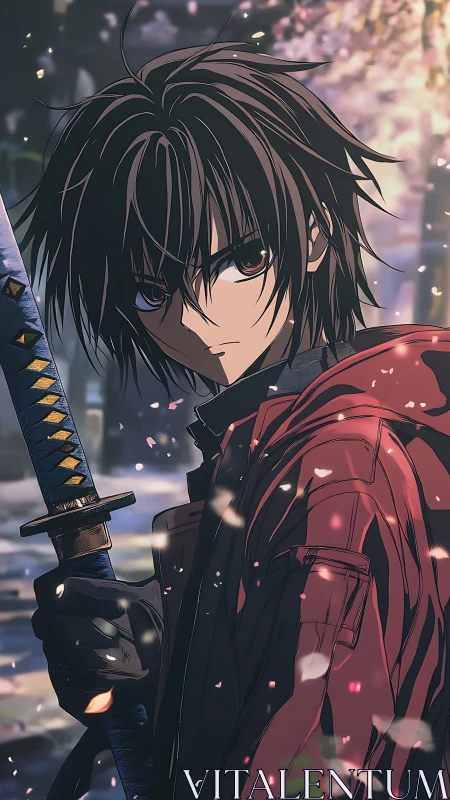 Brooding anime swordsman stands calm beneath drifting blossoms
