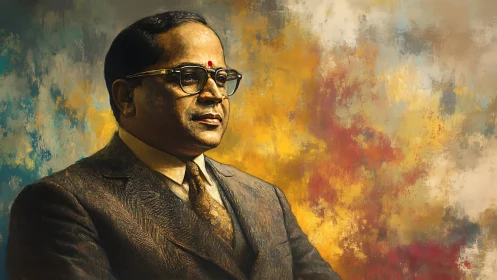 Oil portrait of dignified man in suit against abstract backdrop.